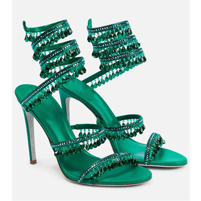 Ankle Strap Heels - Sexy Green Crystal Fringe Stiletto Sandals