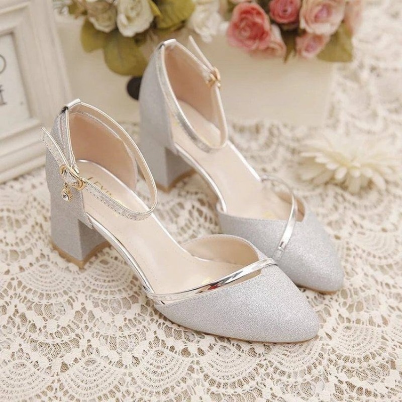 Ankle Strap Heels - Women's Glitter Chunky Block Heel Pumps