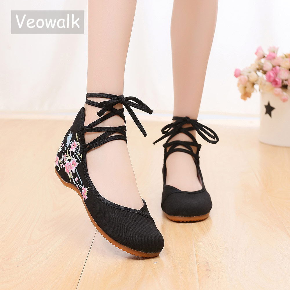 Women'S Shoes Vegan - Veowalk Ankle Strap Women Canvas Embroidered