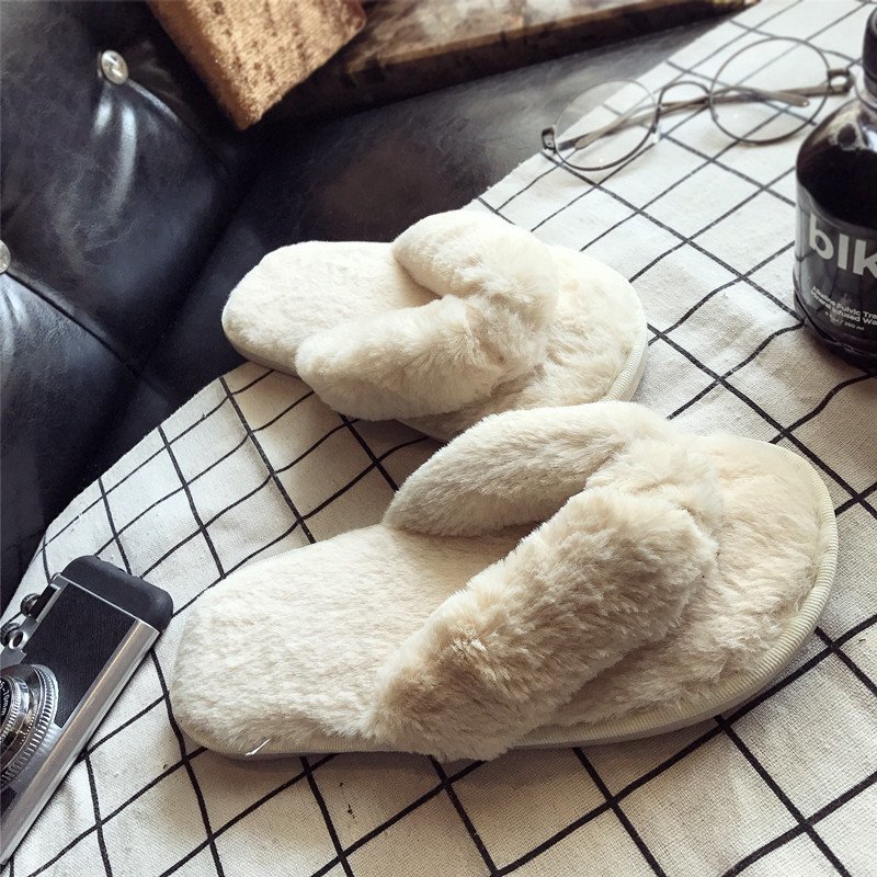 Women'S Shoes Non Slip - Cross Warm Fluffy Furry Slippers Women
