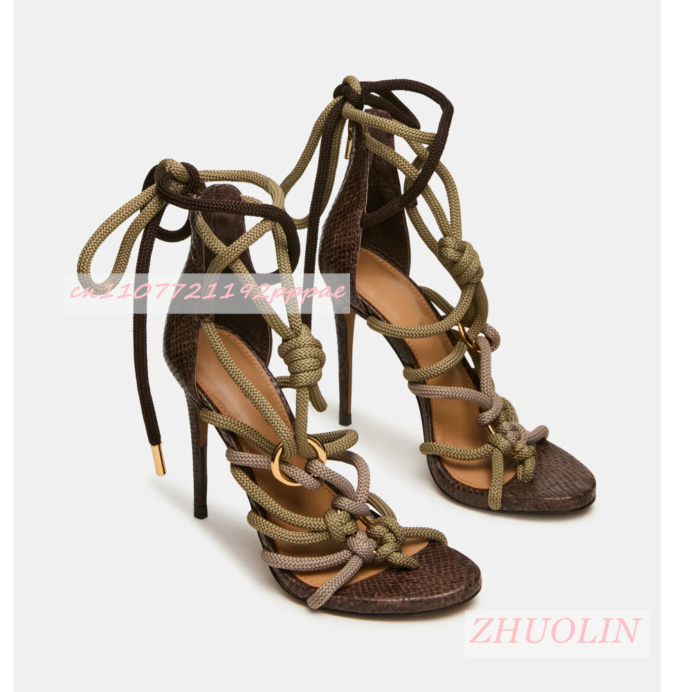 Kids Shoes Women - Retro Snakeskin Thick Rope Crisscross Strap