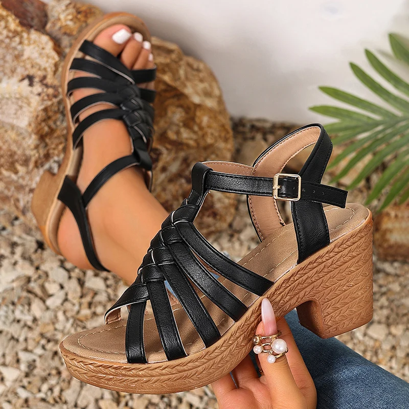 Fashion Woven Straps Chunky He - Ankle Strap Heels recension och pris